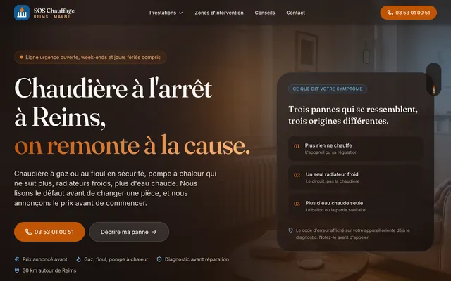 Page d'accueil du site de SOS Chauffage Reims, chauffagiste à Reims, réalisé par PageRocket