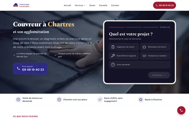 Page d'accueil du site de Toiture Chartres, couvreur à Chartres, réalisé par PageRocket