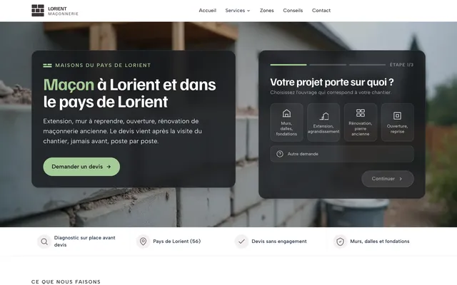 Page d'accueil du site de Lorient Maçonnerie, maçon à Lorient, réalisé par PageRocket