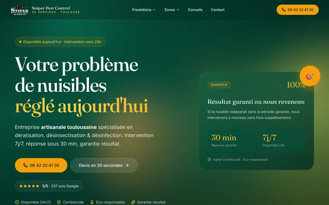 Page d'accueil du site de Sniper Pest Control, dératiseur à Toulouse, réalisé par PageRocket