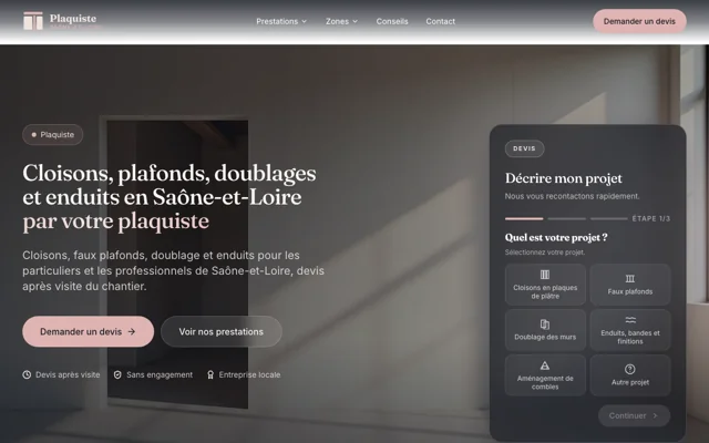 Page d'accueil du site de Plaquiste Saône-et-Loire, plaquiste en Saône-et-Loire, réalisé par PageRocket