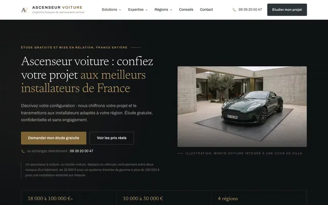 Page d'accueil du site ascenseur-voiture.fr, ascenseur à voiture, France entière, réalisé par PageRocket