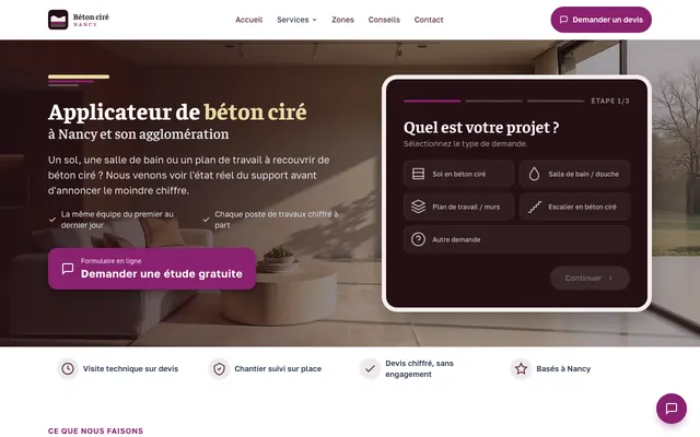 Page d'accueil du site betoncire-nancy.fr, béton ciré, Nancy, réalisé par PageRocket