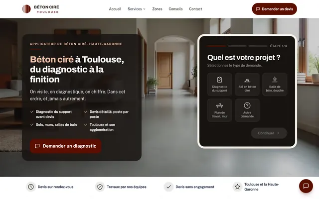 Page d'accueil du site betoncire-toulouse.fr, béton ciré, Toulouse, réalisé par PageRocket