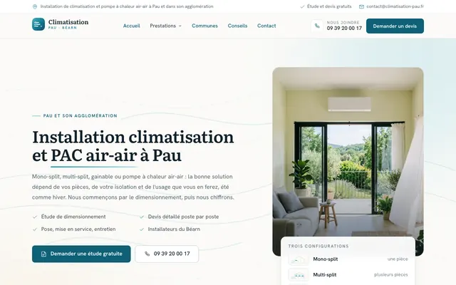 Page d'accueil du site climatisation-pau.fr, climatisation, Pau, réalisé par PageRocket