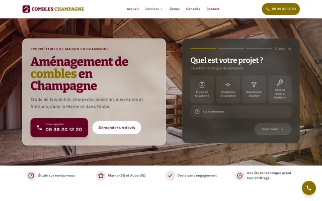 Page d'accueil du site combles-champagne.fr, aménagement de combles, Champagne, réalisé par PageRocket