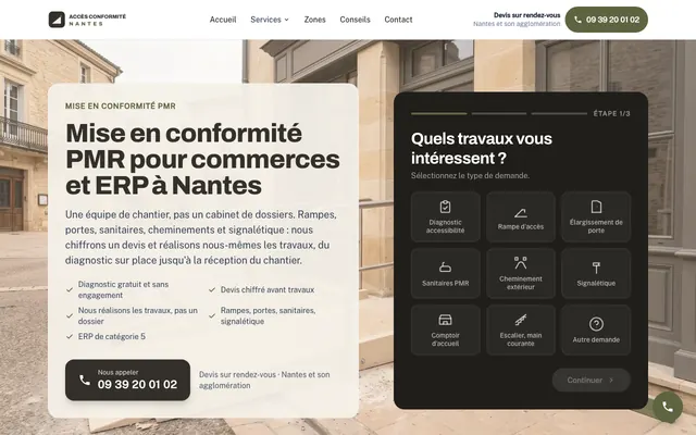 Page d'accueil du site conformite-pmr-nantes.fr, conformité pmr, Nantes, réalisé par PageRocket
