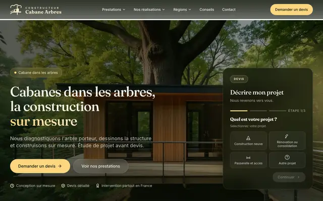 Page d'accueil du site constructeur-cabane-arbres.fr, cabane dans les arbres, France entière, réalisé par PageRocket