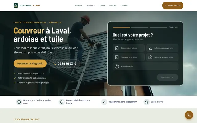 Page d'accueil du site couverture-laval.fr, couvreur, Laval, réalisé par PageRocket
