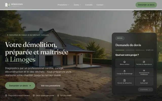 Page d'accueil du site demolition-maison-limousin.fr, démolition, Limoges, réalisé par PageRocket
