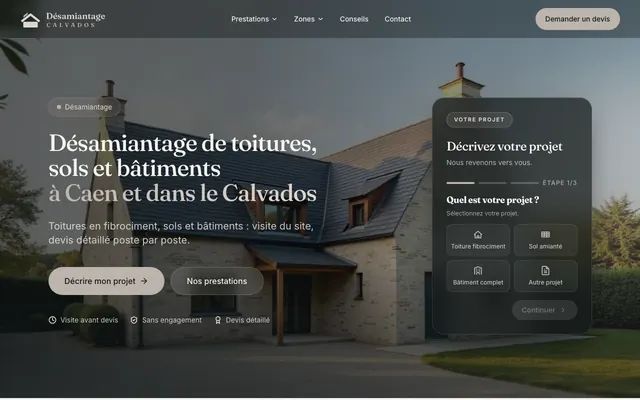 Page d'accueil du site desamiantage-calvados.fr, désamiantage, Caen, réalisé par PageRocket