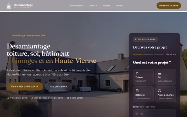Page d'accueil du site desamiantage-haute-vienne.fr, désamiantage, Limoges, réalisé par PageRocket