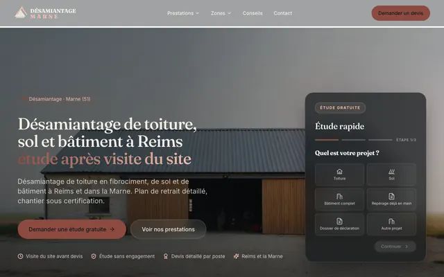 Page d'accueil du site desamiantage-marne.fr, désamiantage, Reims, réalisé par PageRocket