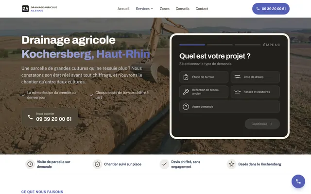 Page d'accueil du site drainage-agricole-alsace.fr, drainage agricole, Truchtersheim, réalisé par PageRocket