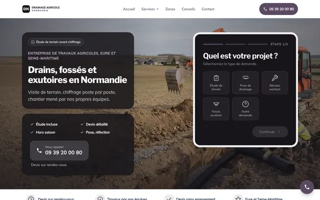 Page d'accueil du site drainage-agricole-normandie.fr, drainage agricole, Le Neubourg, réalisé par PageRocket