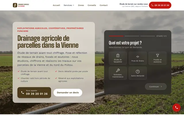 Page d'accueil du site drainage-agricole-vienne.fr, drainage agricole, Poitiers, réalisé par PageRocket