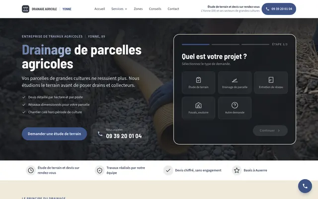 Page d'accueil du site drainage-agricole-yonne.fr, drainage agricole, Auxerre, réalisé par PageRocket