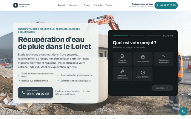 Page d'accueil du site eau-pluie-pro-loiret.fr, récupération d'eau de pluie, Loiret, réalisé par PageRocket