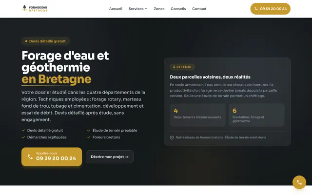 Page d'accueil du site forage-eau-bretagne.fr, forage de puits, Bretagne, réalisé par PageRocket