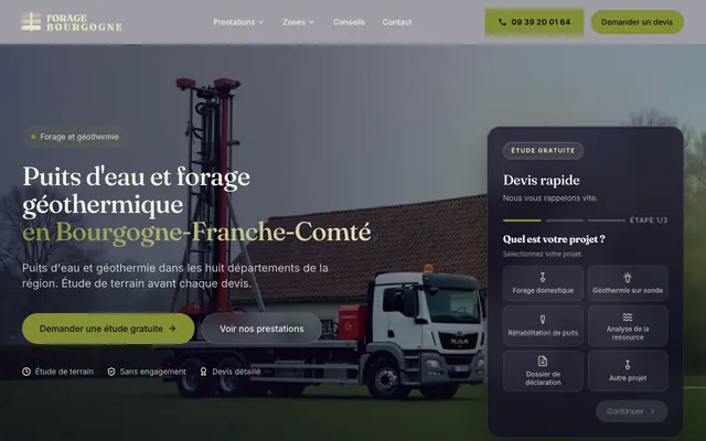 Page d'accueil du site forage-puits-bourgogne.fr, forage de puits, Besançon, réalisé par PageRocket