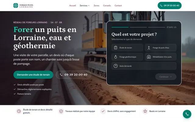 Page d'accueil du site forage-puits-lorraine.fr, forage de puits, Lorraine, réalisé par PageRocket