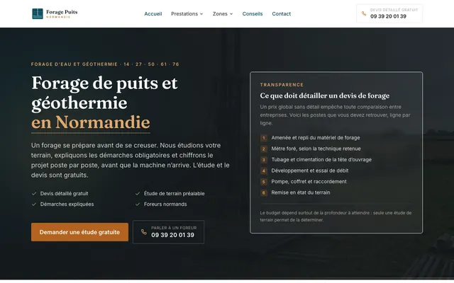 Page d'accueil du site forage-puits-normandie.fr, forage de puits, Normandie, réalisé par PageRocket