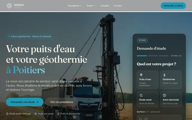 Page d'accueil du site forage-puits-poitou.fr, forage de puits, Poitiers, réalisé par PageRocket