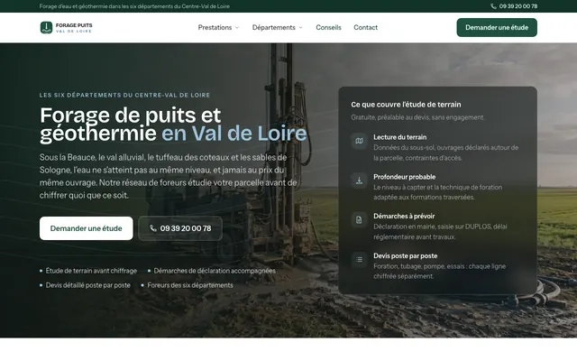 Page d'accueil du site forage-puits-val-de-loire.fr, forage de puits, Centre-Val de Loire, réalisé par PageRocket