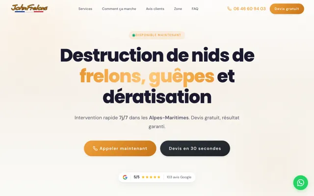 Page d'accueil du site john-frelons.fr, dératisation, Alpes-Maritimes, réalisé par PageRocket