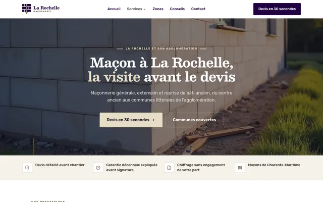 Page d'accueil du site la-rochelle-maconnerie.fr, maçon, La Rochelle, réalisé par PageRocket