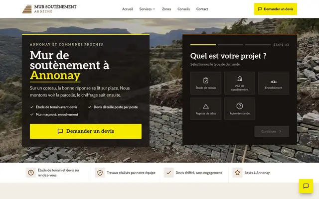 Page d'accueil du site mur-soutenement-ardeche.fr, mur de soutènement, Annonay, réalisé par PageRocket