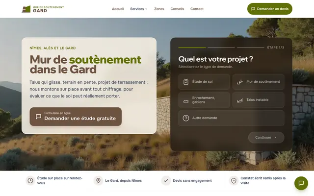 Page d'accueil du site mur-soutenement-gard.fr, mur de soutènement, Nîmes, réalisé par PageRocket