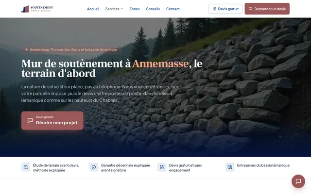 Page d'accueil du site mur-soutenement-haute-savoie.fr, mur de soutènement, Annemasse, réalisé par PageRocket