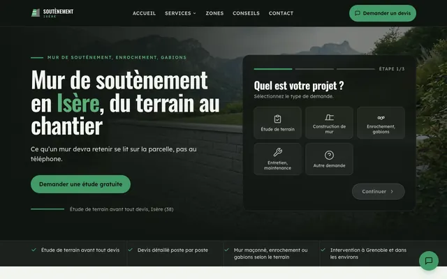 Page d'accueil du site mur-soutenement-isere.fr, mur de soutènement, Grenoble, réalisé par PageRocket