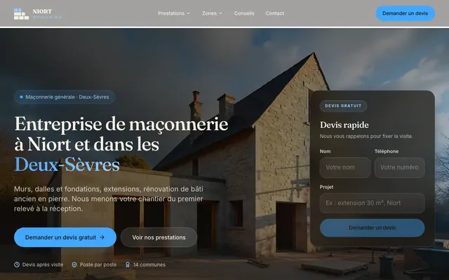 Page d'accueil du site niort-maconnerie.fr, maçon, Niort, réalisé par PageRocket