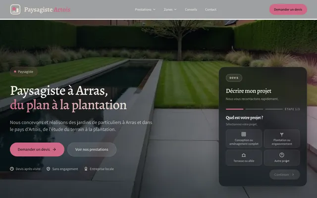 Page d'accueil du site paysagiste-artois.fr, paysagiste, Arras, réalisé par PageRocket