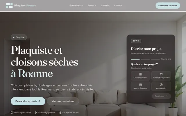 Page d'accueil du site plaquiste-roanne.fr, plaquiste, Roanne, réalisé par PageRocket