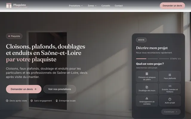 Page d'accueil du site plaquiste-saone-et-loire.fr, plaquiste, Mâcon, réalisé par PageRocket