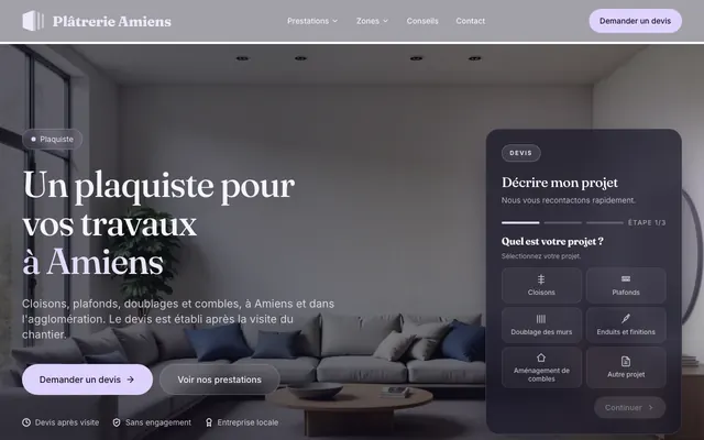 Page d'accueil du site platrerie-amiens.fr, plaquiste, Amiens, réalisé par PageRocket