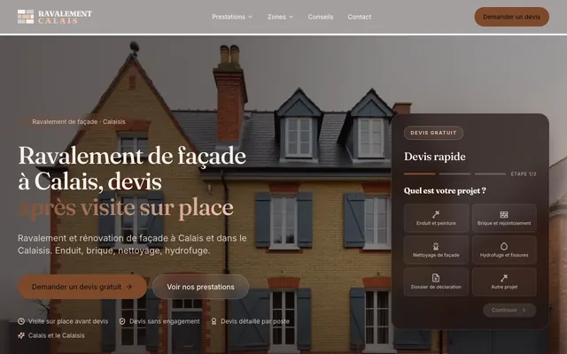 Page d'accueil du site ravalement-calais.fr, ravalement de façade, Calais, réalisé par PageRocket
