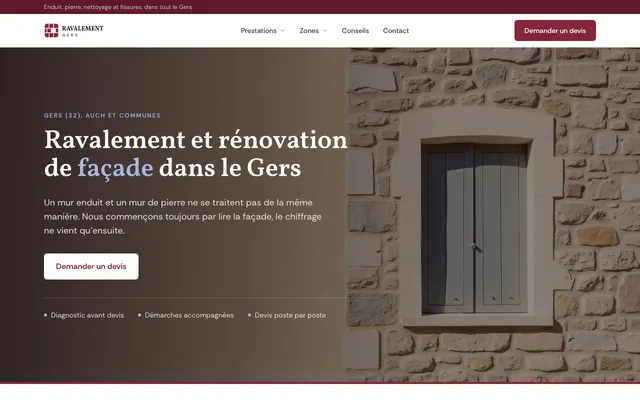Page d'accueil du site ravalement-gers.fr, ravalement de façade, Auch, réalisé par PageRocket