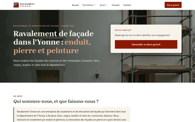 Page d'accueil du site ravalement-yonne.fr, ravalement de façade, Auxerre, réalisé par PageRocket