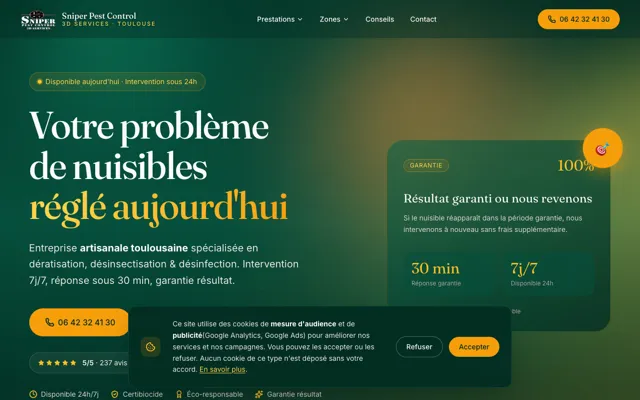 Page d'accueil du site sniperpestcontrol3dservices.fr, dératisation, Toulouse, réalisé par PageRocket