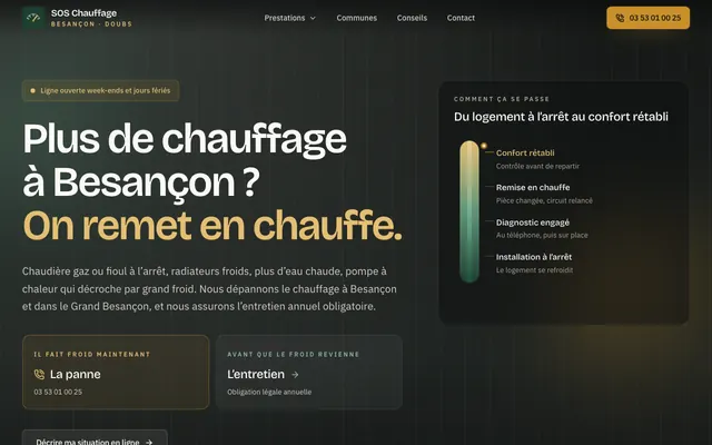 Page d'accueil du site sos-chauffage-besancon.fr, chauffagiste, Besançon, réalisé par PageRocket