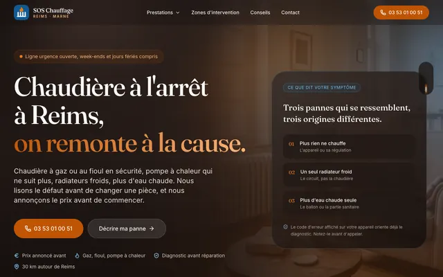 Page d'accueil du site sos-chauffage-reims.fr, chauffagiste, Reims, réalisé par PageRocket