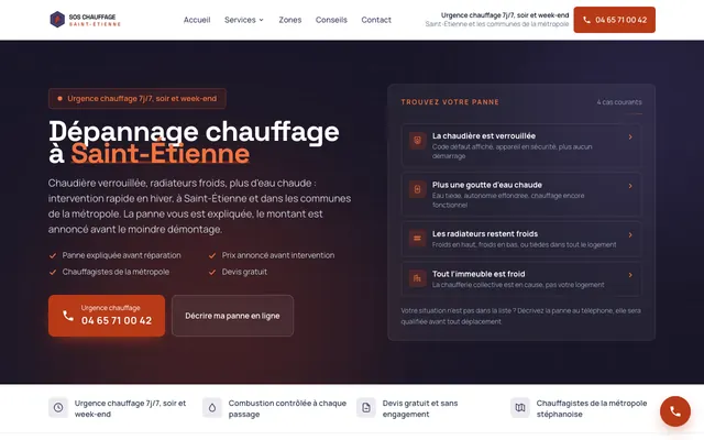 Page d'accueil du site sos-chauffage-saint-etienne.fr, chauffagiste, Saint-Étienne, réalisé par PageRocket