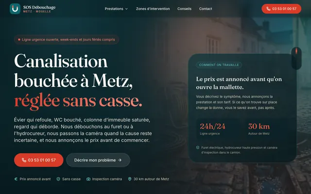Page d'accueil du site sos-debouchage-metz.fr, plombier, Metz, réalisé par PageRocket