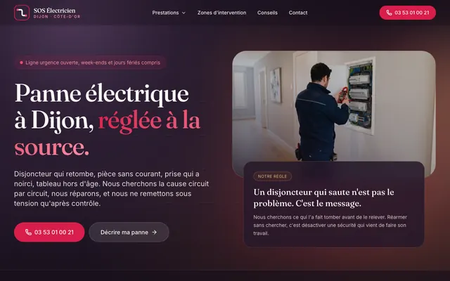 Page d'accueil du site sos-electricien-dijon.fr, électricien, Dijon, réalisé par PageRocket