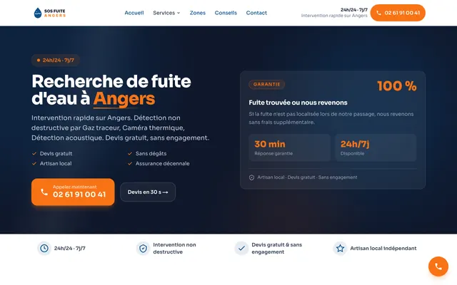 Page d'accueil du site sos-fuite-angers.fr, plombier, Angers, réalisé par PageRocket