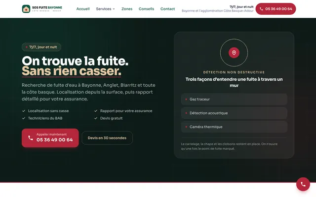 Page d'accueil du site sos-fuite-bayonne.fr, plombier, Bayonne, réalisé par PageRocket